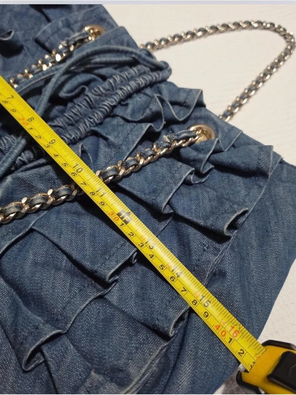 bebe Denim Ruffle Satchel - Blue with Gold Accents